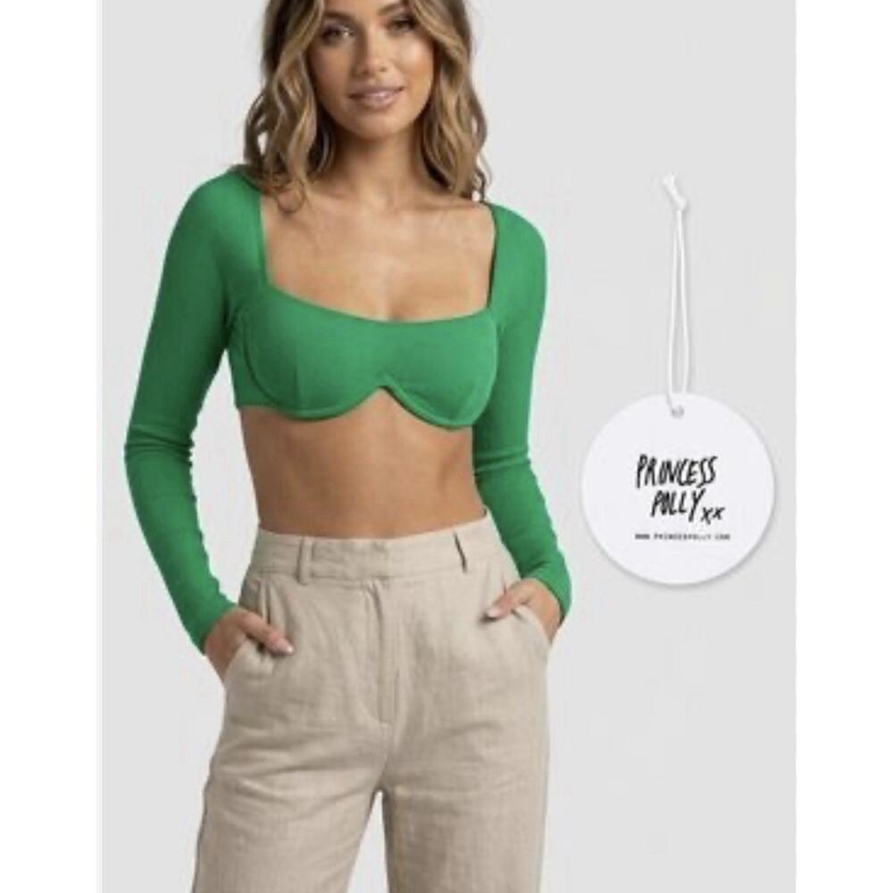 Princess Polly BECCA LONG SLEEVE CROP TOP Size 2 Green Underwire Ribbed